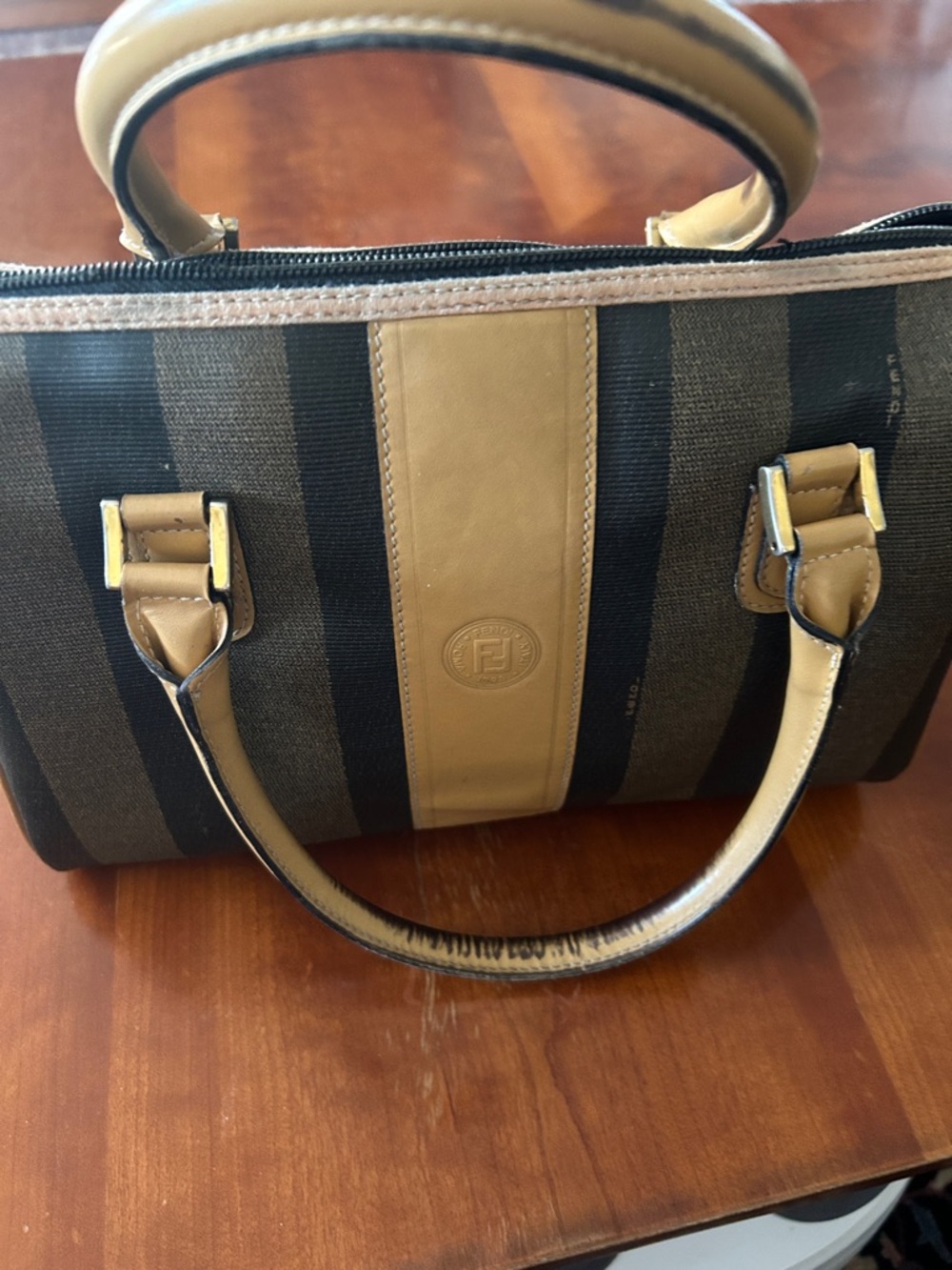 Fendi Striped Canvas Satchel in Tan and Black
Made in Italy 
Authentic